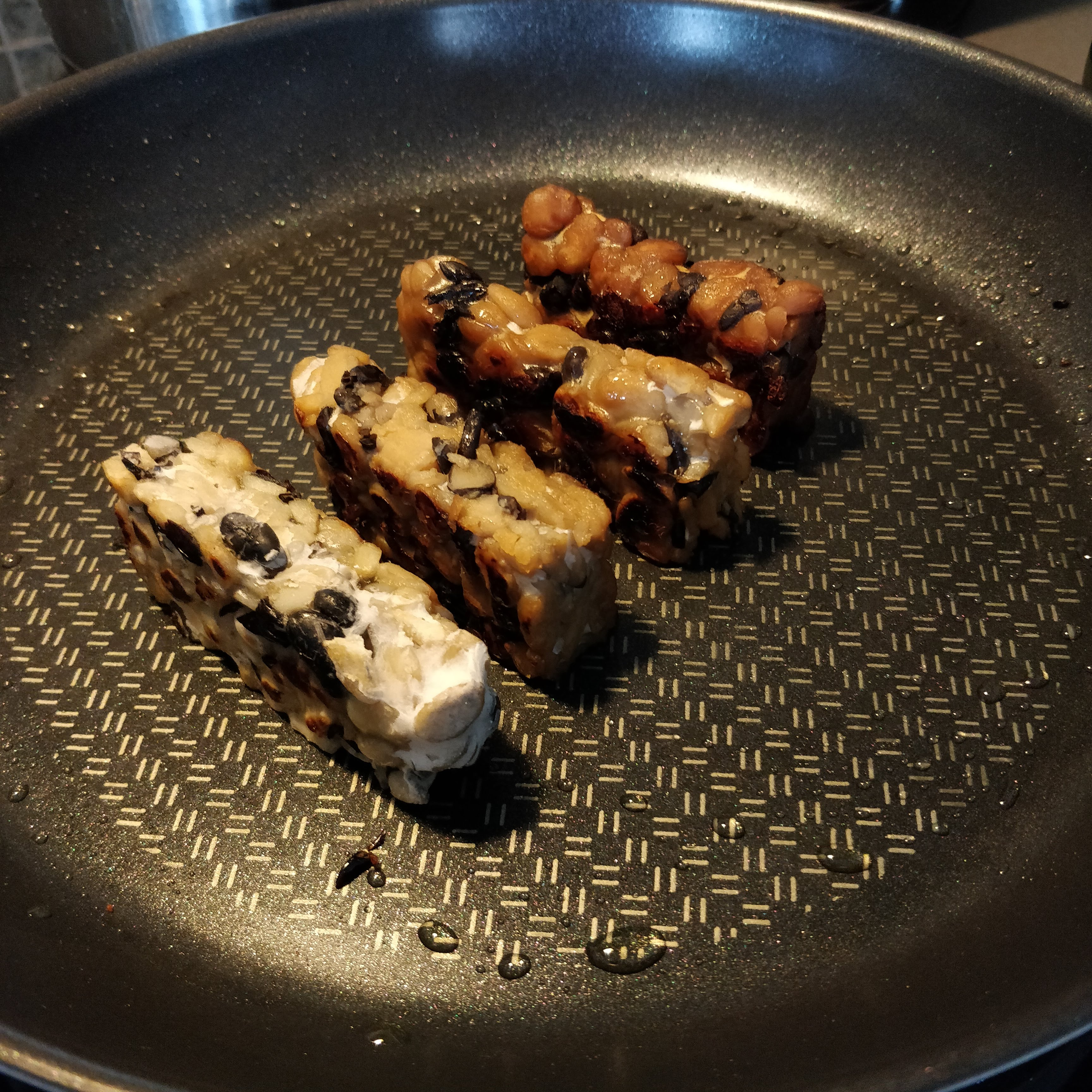 Black bean + fava bean tempeh fried in pan, unboiled, 2-5-10 min boiled